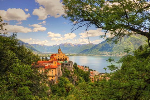 Church Madonna del Sasso on the Mountain with a Lake Maggiore and Mountain in Locarno