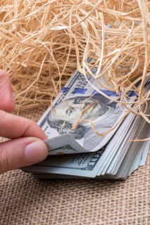 Banknote bundle of US dollar in a straw pile on canvas