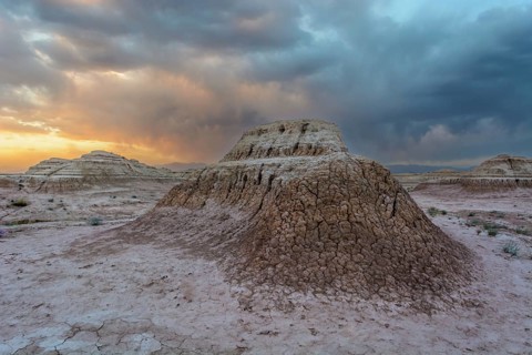Desert landscape in North Africa at sunset. Skoura