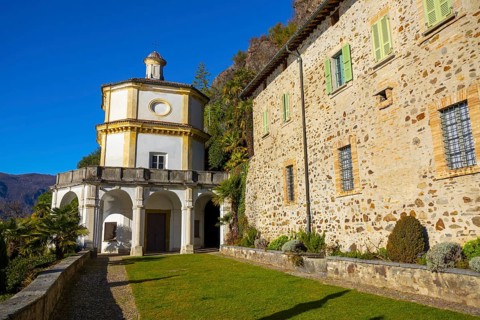 Church Oratory of S. Antonio da Padova in Santa Maria del Sasso Against Blue Clear Sky on Mountain in a Sunny Day in Morcote