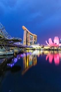 Marina Bay Skyline and Helix Bridge in the evening in Singapore