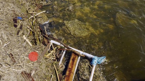 Window frame of house and other drifting debris has reached Black Sea beaches in Odessa