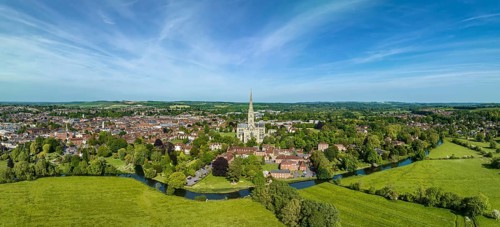 Aerial panorama of the city of Salisbury with Salisbury Cathedral and the River Avon