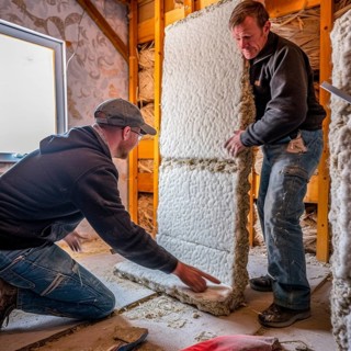 Craftsmen insulate a house with insulating material