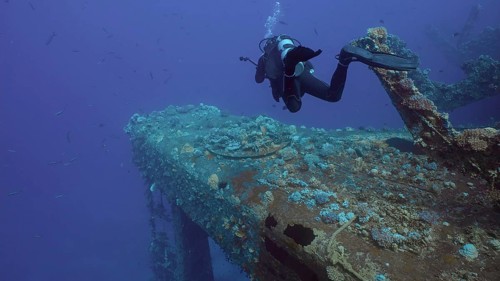 Scuba diver cameraman swims towards pipe of ferry Salem Express shipwreck