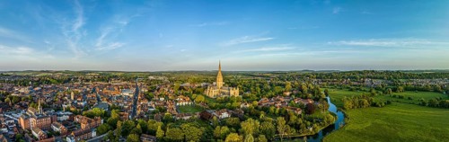 Aerial panorama of the city of Salisbury with Salisbury Cathedral
