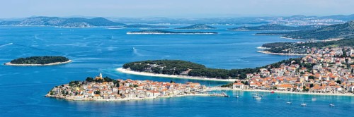 Primosten town on a peninsula in the Mediterranean Sea Holiday Panorama in Primosten