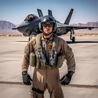 Young proud pilot stands in front of his F 35 fighter plane