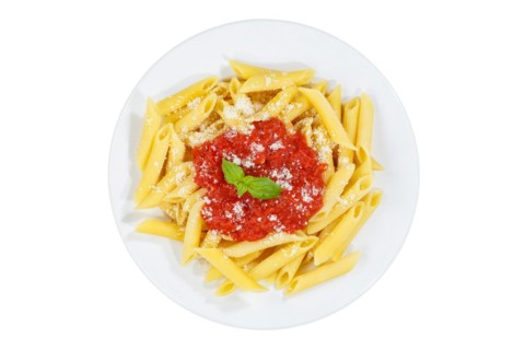 Penne Rigatoni Rigate Italian pasta in tomato sauce exempted isolated eat lunch dish on plate from above in Stuttgart