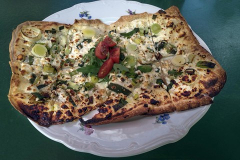 Flammkuchen with spinach and feta cheese