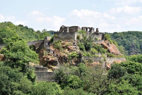 View of the hilltop castle Schmidtburg built in the 9th century in the Hahnenbach valley near Schneppenbach in Hunsrueck
