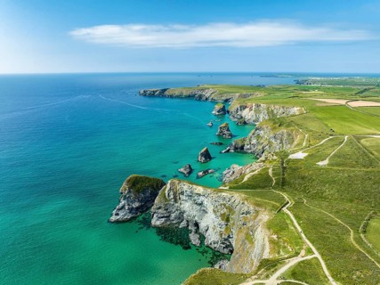 Aerial view of the Bedruthan Steps cliff formation