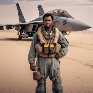Young proud pilot stands in front of his F 14 fighter plane