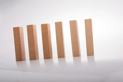 Wooden Domino Blocks in a line on a white background