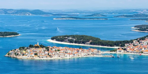 Primosten town on a peninsula in the Mediterranean Sea Holiday Panorama in Primosten