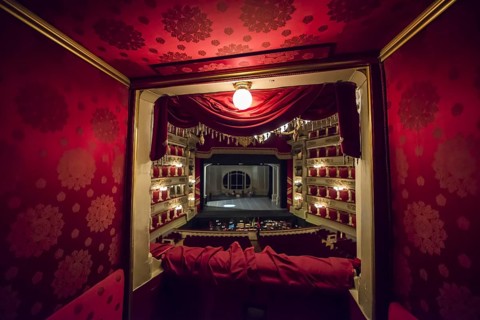 View From a Luxury Balcony Inside illuminated Scala Theater in Milan