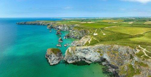 Aerial panorama of the Bedruthan Steps cliff formation