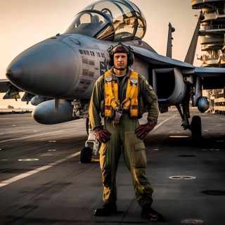 Young proud pilot stands in front of his F 14 fighter plane