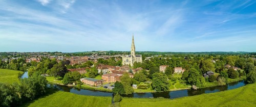 Aerial panorama of the city of Salisbury with Salisbury Cathedral and the River Avon