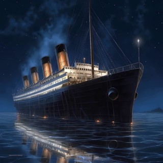 Journey of the Titanic in the Atlantic on a starry night and calm sea