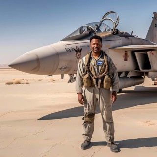 Young proud pilot stands in front of his F 14 fighter plane