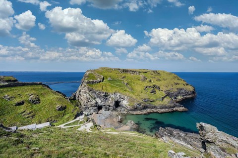 Spectacular cliffs overlooking the peninsula with the ruins of Tintagel Castle