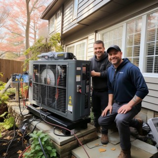 Cheerful homeowner and engineer rejoice in installing new heating system