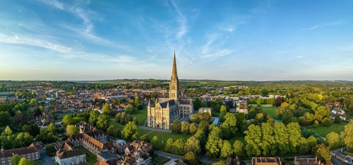 Aerial panorama of the city of Salisbury with Salisbury Cathedral