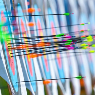 Lots of colourful arrows stuck in targets in archery