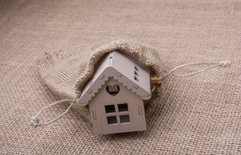 Model house beside a sack on a canvas background