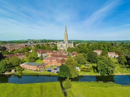 Aerial panorama of the city of Salisbury with Salisbury Cathedral and the River Avon