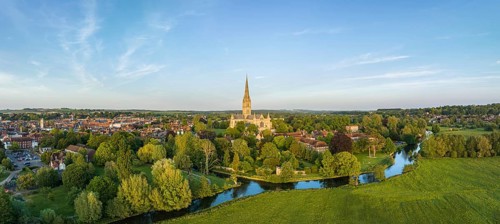Aerial panorama of the city of Salisbury with Salisbury Cathedral