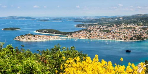 Primosten town on a peninsula in the Mediterranean Sea Holiday Panorama in Primosten