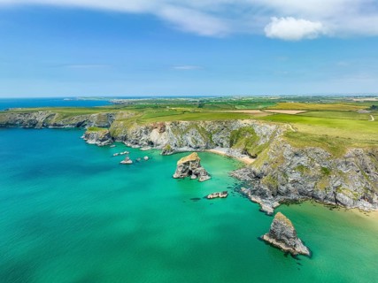 Aerial view of the Bedruthan Steps cliff formation