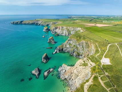 Aerial view of the Bedruthan Steps cliff formation