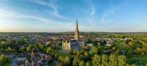 Aerial panorama of the city of Salisbury with Salisbury Cathedral