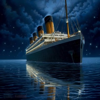 Journey of the Titanic in the Atlantic on a starry night and calm sea