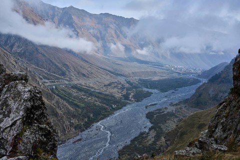 View from the village of Tsdo into the Darial Gorge with the Terek River