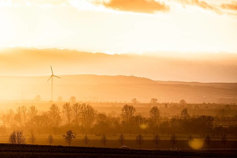 A car driving along a country road in the evening light near Oschersleben