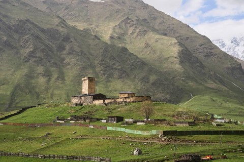 Lamaria Church against a mountain backdrop