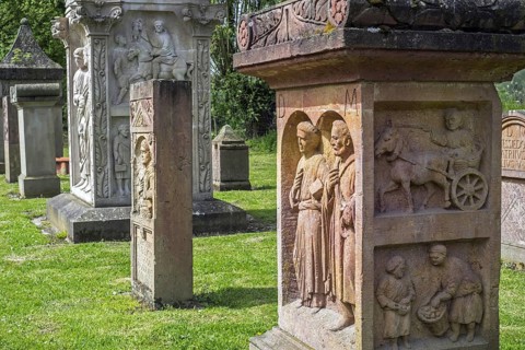 Reconstructed funeral pillars and steles at the Gallo-Roman necropolis at the open-air Archeosite and Museum of Aubechies-Beloeil