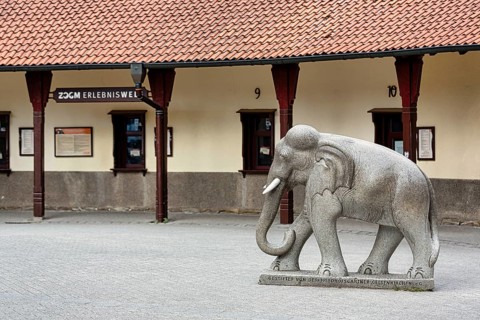 Sculpture elephant in front of the old ticket booths at the entrance