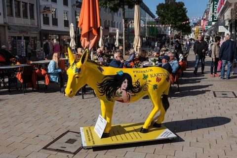Donkey as symbol of the city and advertising medium in the pedestrian zone in the city centre