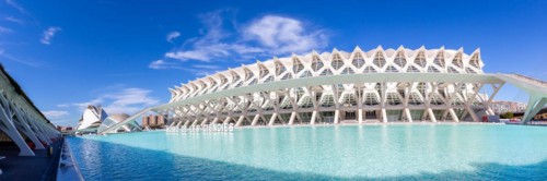 Ciutat de les Arts i les Ciencies with Science Museum modern architecture by Santiago Calatrava panorama in Valencia