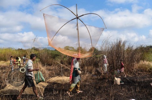 Villagers participate in a community fishing event on the occasion of Bhogali Bihu Festival at Goroimari Lake in Panbari village