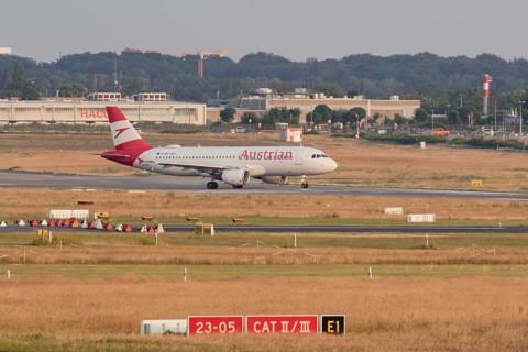 Passenger aircraft Airbus A320-214 of Austrian Airlines on the tarmac at Hamburg Airport