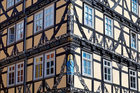 Detail of magnificent half-timbered house with ornate wood carving