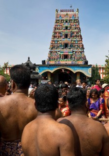 Hindus on the main festival day at the temple festival in front of the Hindu temple Sri Kamadchi Ampal