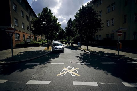 The pictogram for a cycle path in Ollenhauerstrasse in Berlin Reinickendorf has been crossed with a yellow marking. The new transport administration in Berlin has stopped several cycle path projects i...