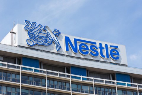 German headquarters of the food company Nestle with logo in Frankfurt-Niederrad